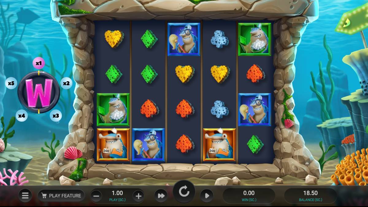 the sweepstakes casino slot machine shark wash has a group of sharks running a car wash.