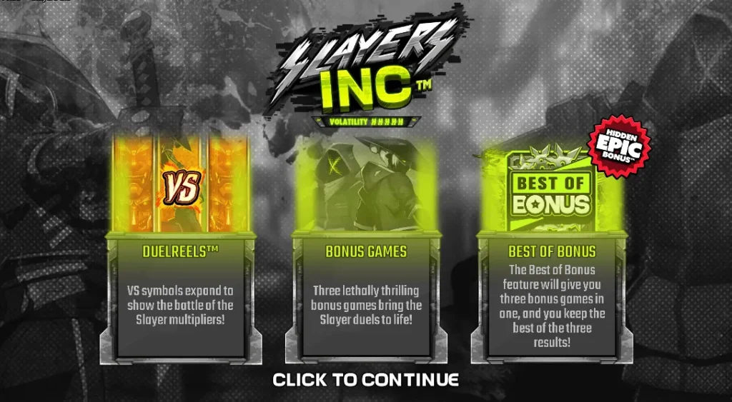 An infographic that displays the various bonus features of the Slayers Inc slot game. 