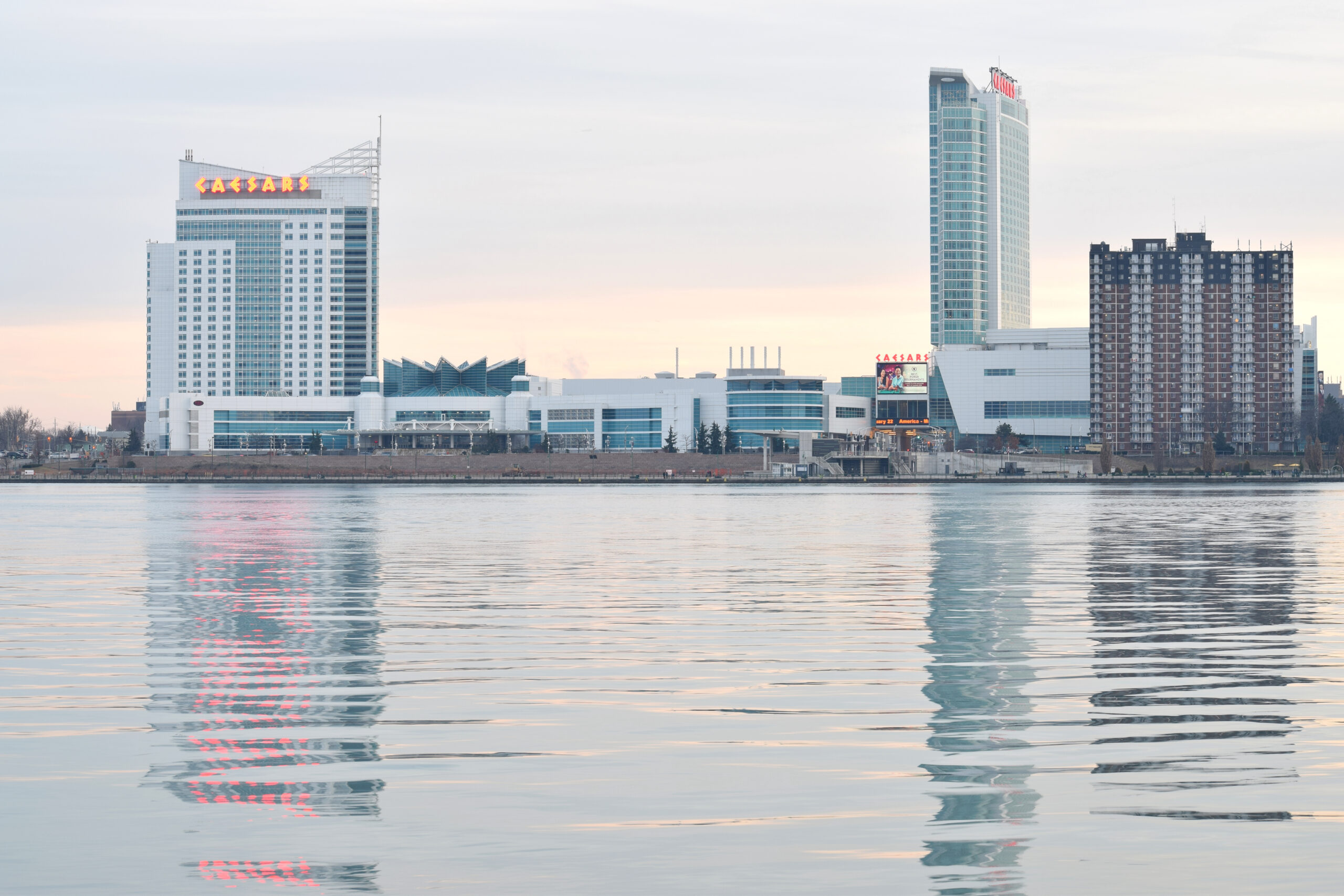 caesars windsor casino can be seen from detroit michigan a river separates the two cities.