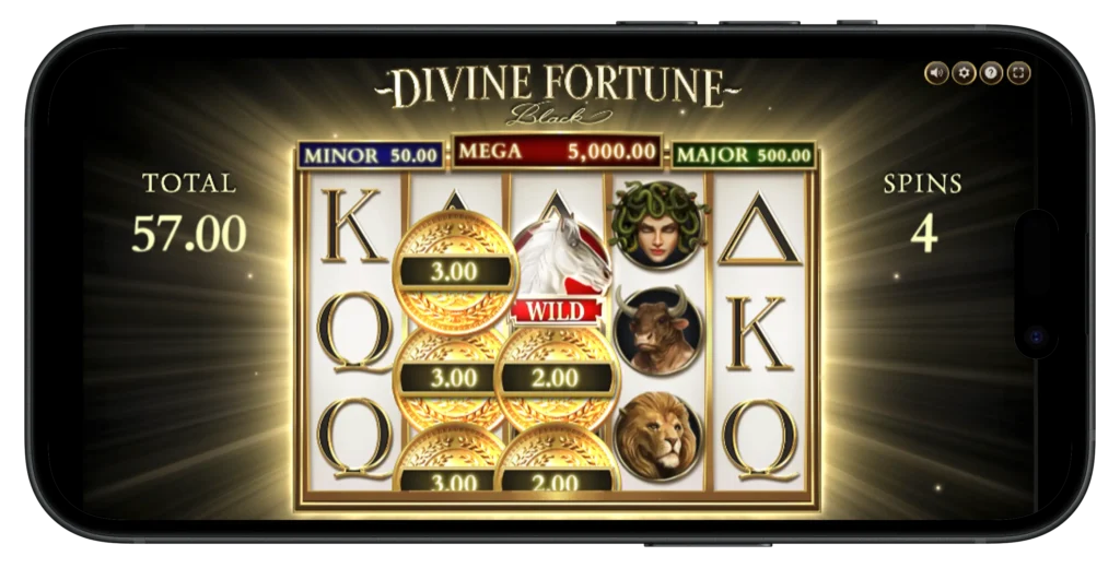A look at the Divine Fortune Black gameplay interface on and iPhone.