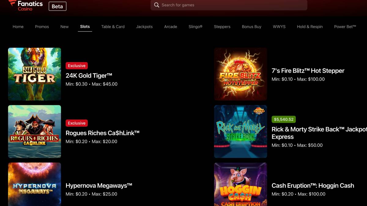 the fanatics casino has a number of slot machines you can play along with blackjack, roulette, and poker.