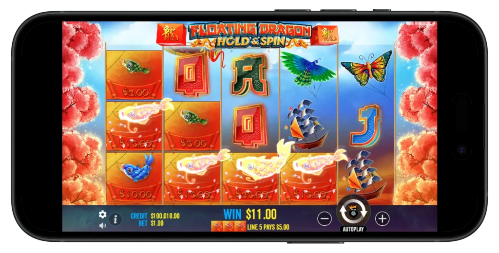 Floating Dragon Hold and Spin Slot on an iPhone 15