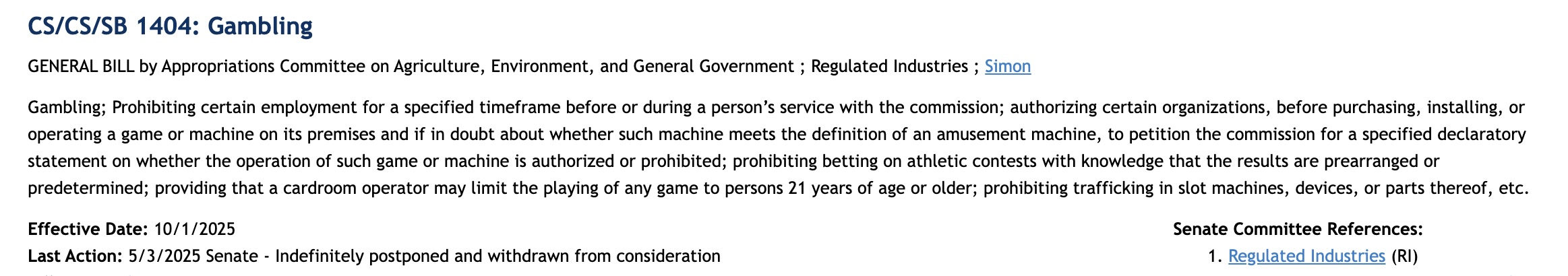 The Florida Senate’s Bill 1404 and House Bill 1467, which sought to criminalise sweepstakes promotions, have fallen short in the state.