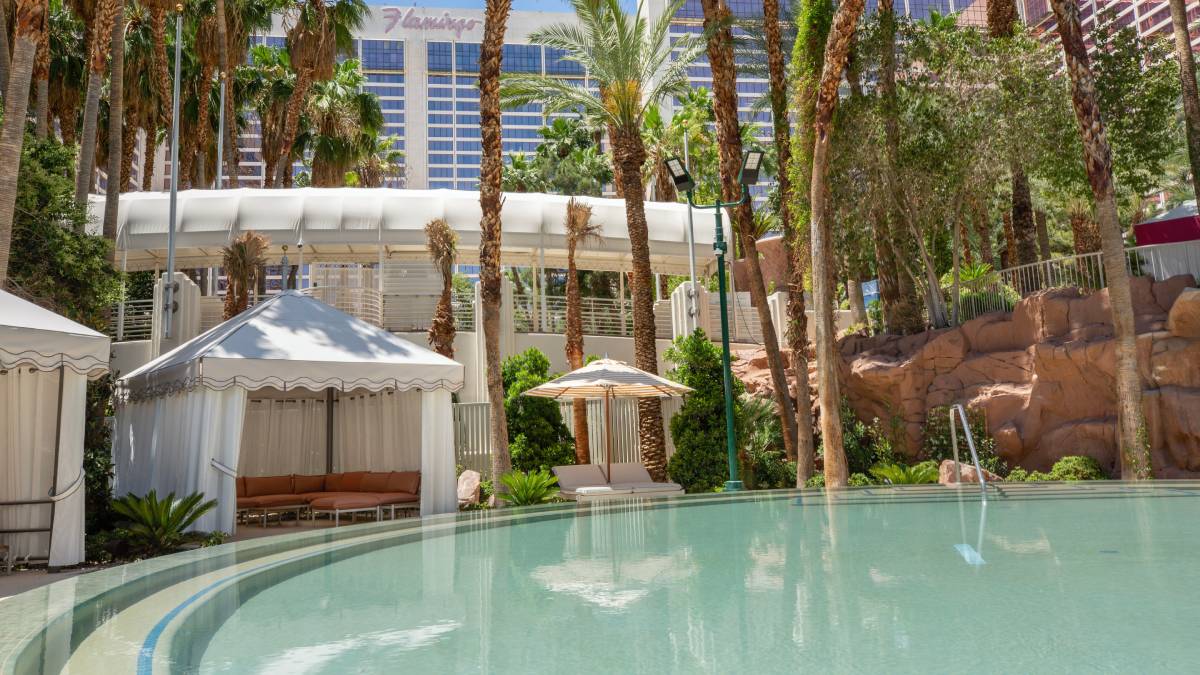 the circular pool at flamingo las vegas gives vip guests a little more privacy and shade.