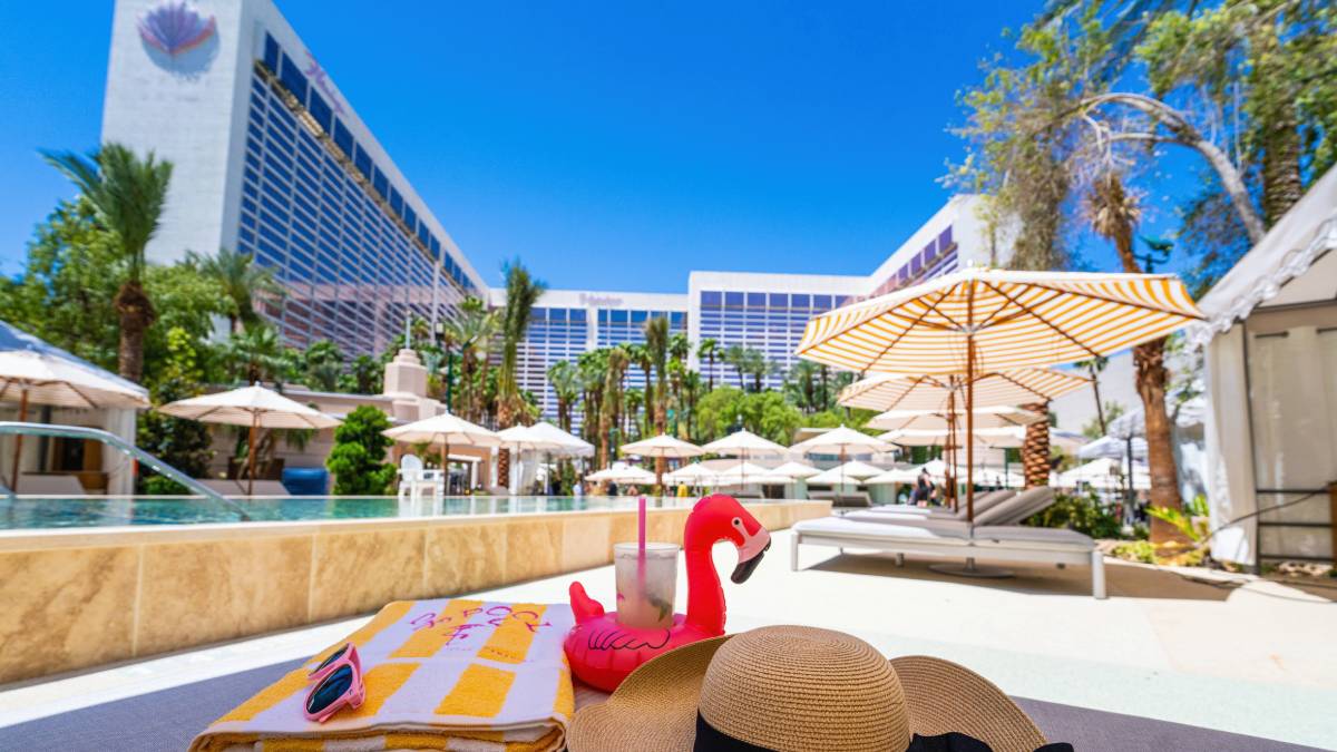 the newly remodeled pool at the flamingo las vegas is now open and features a vip pool along with a main pool and new food and drink items.