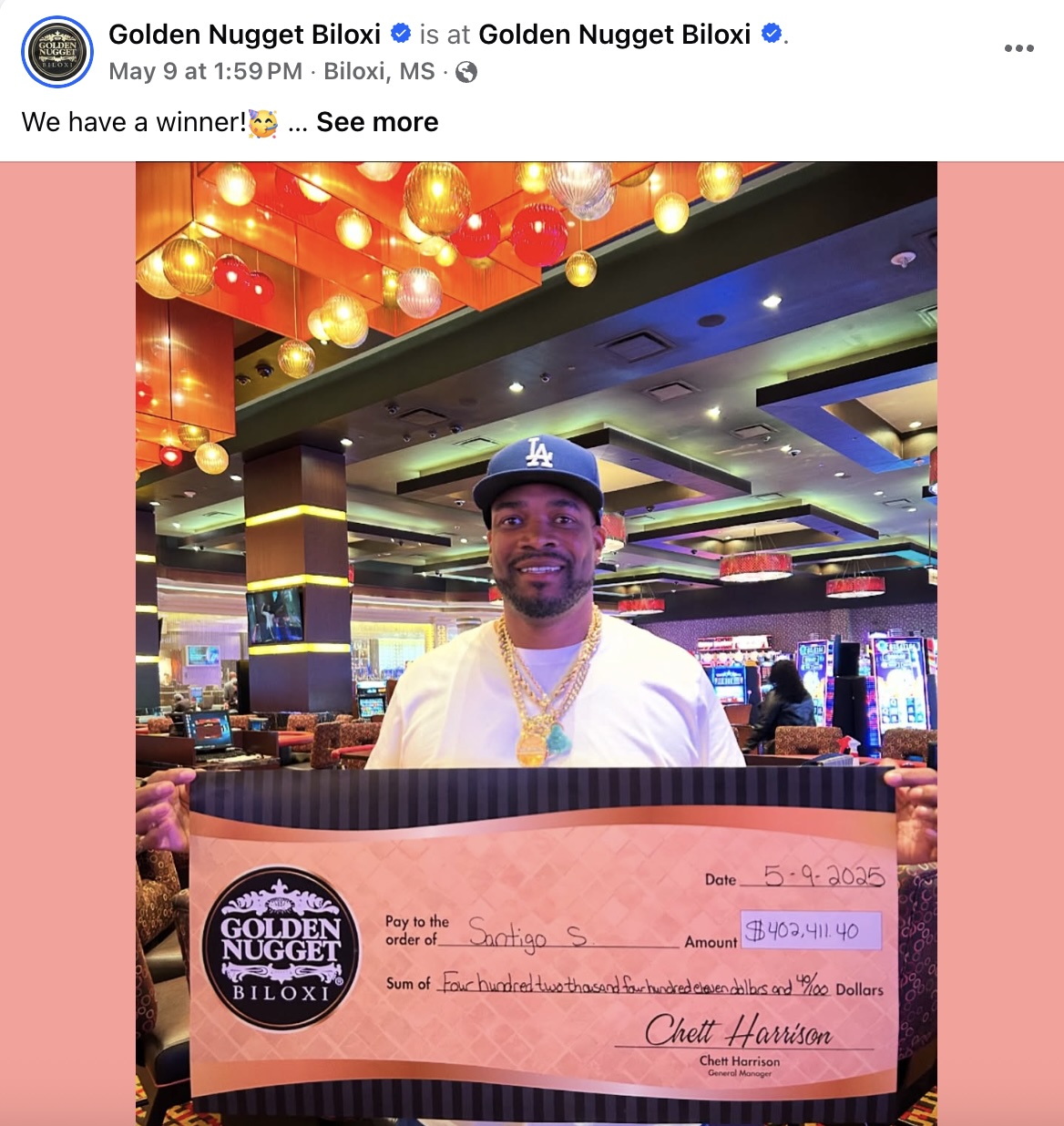 it's the casino jackpot of the year so far in biloxi mississippi and santiago won it, over $400,000