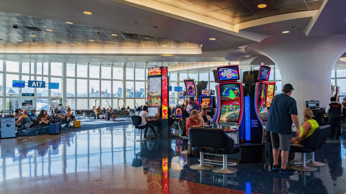 harry reid international airport is one of only two airports in the united states that have slo machines in the waiting areas by the gates.