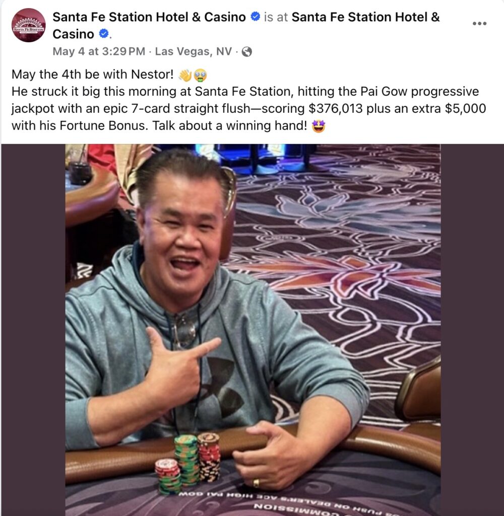 a man won a pai gow poker jackpot worth over $300,000 by landing one of the rarest hands in the game.