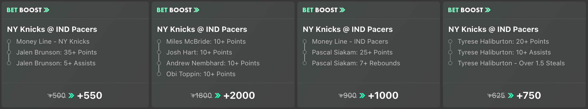 Screenshot of bet365 SPortsbook Bet Boost parlays for Game 4 in the Knicks vs. Pacers NBA Eastern Conference Finals.