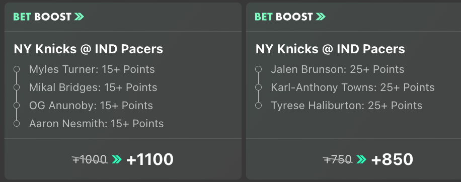 Screenshot of two bet365 Sportsbook Bet Boost parlays for the Knicks vs. Pacers in the NBA Playoffs tonight.