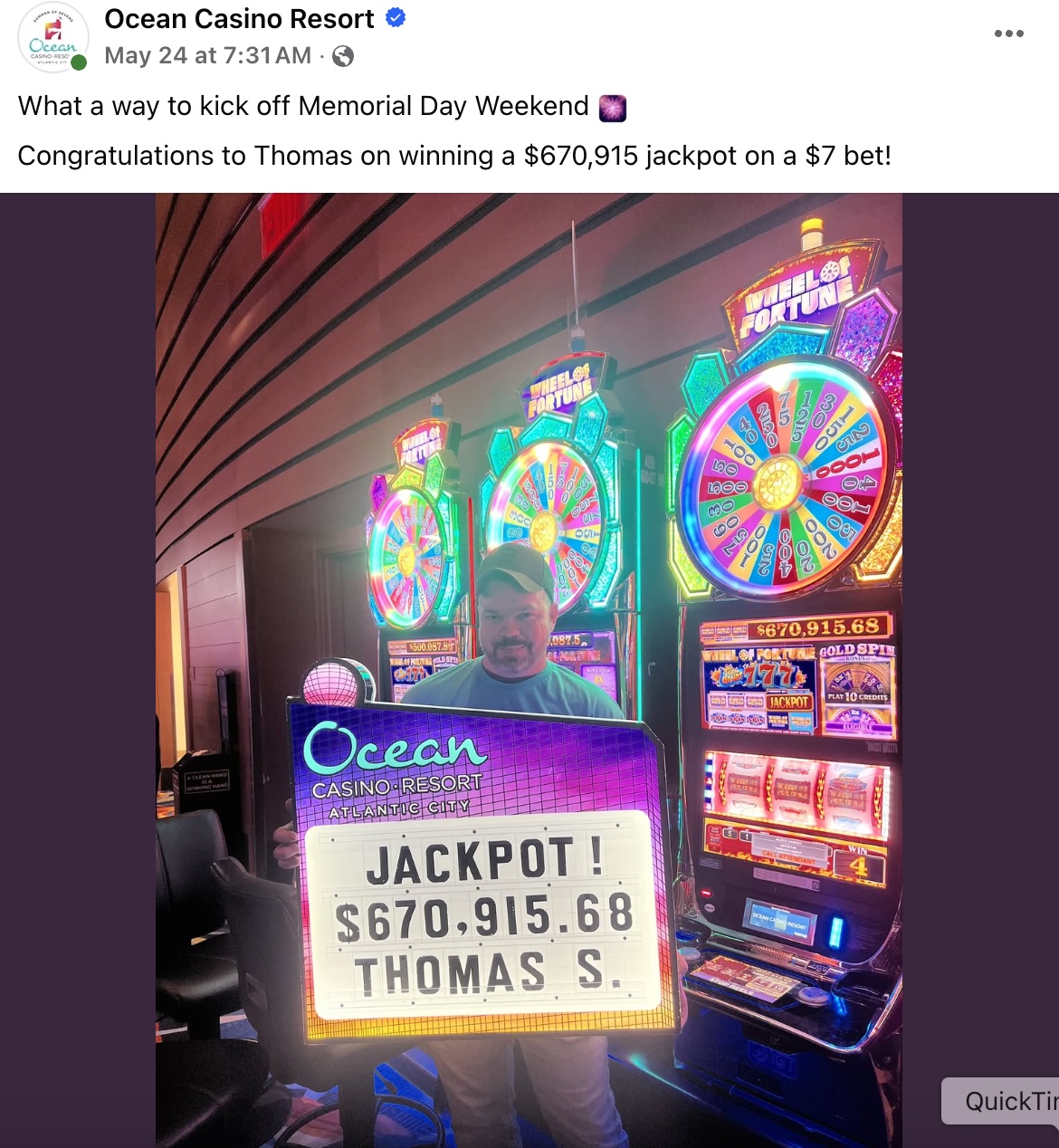 thomas shaver won a big jackpot at ocean resort atlantic city playing the wheel of fortune slot machine game
