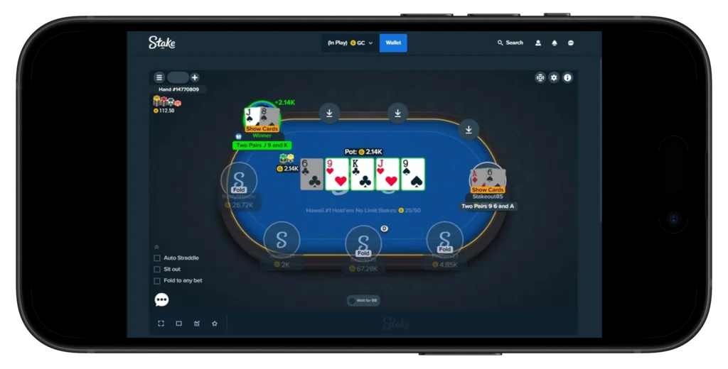 a look at the Stake.us poker interface on a mobile device.