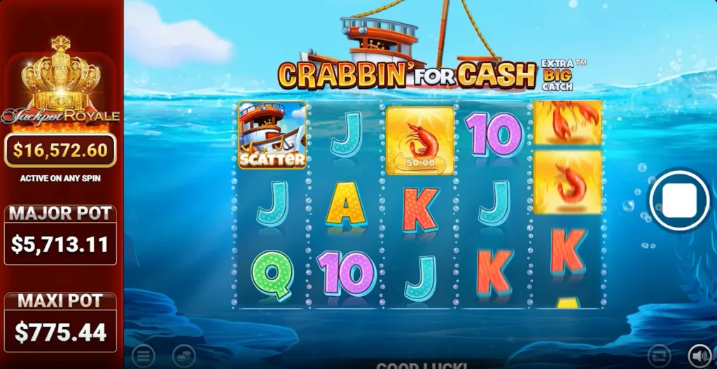 the gameplay interface for Crabbin for Cash Extra Big Catch Jackpot Royale