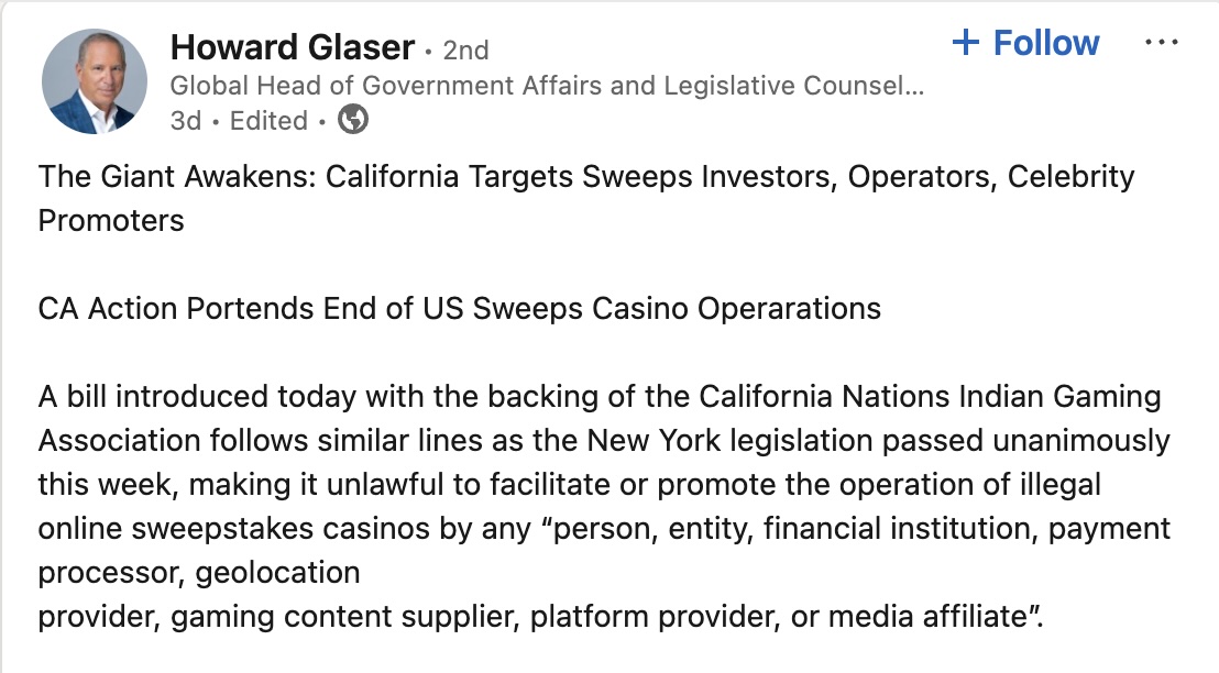 California has become the latest state to target sweepstakes casinos with new legislation.