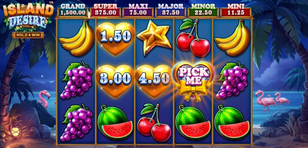 a close look at the island desire slot game interface. 