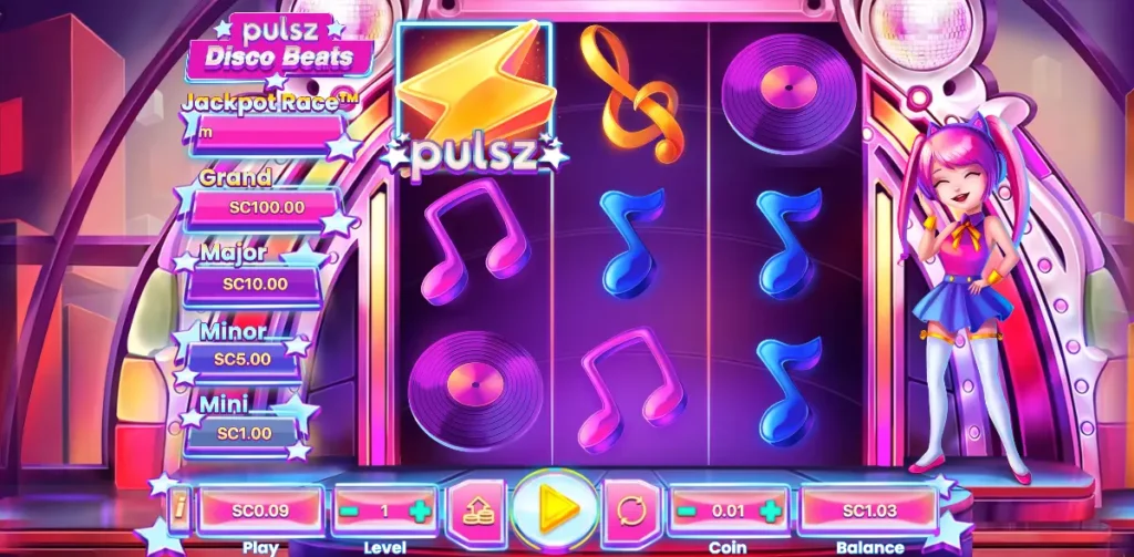 Screenshot of Pulsz Disco Beats online slot interface.