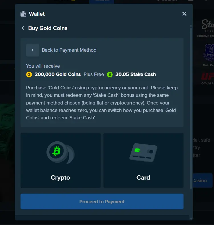 a look at the payment interface at Stake.us Casino