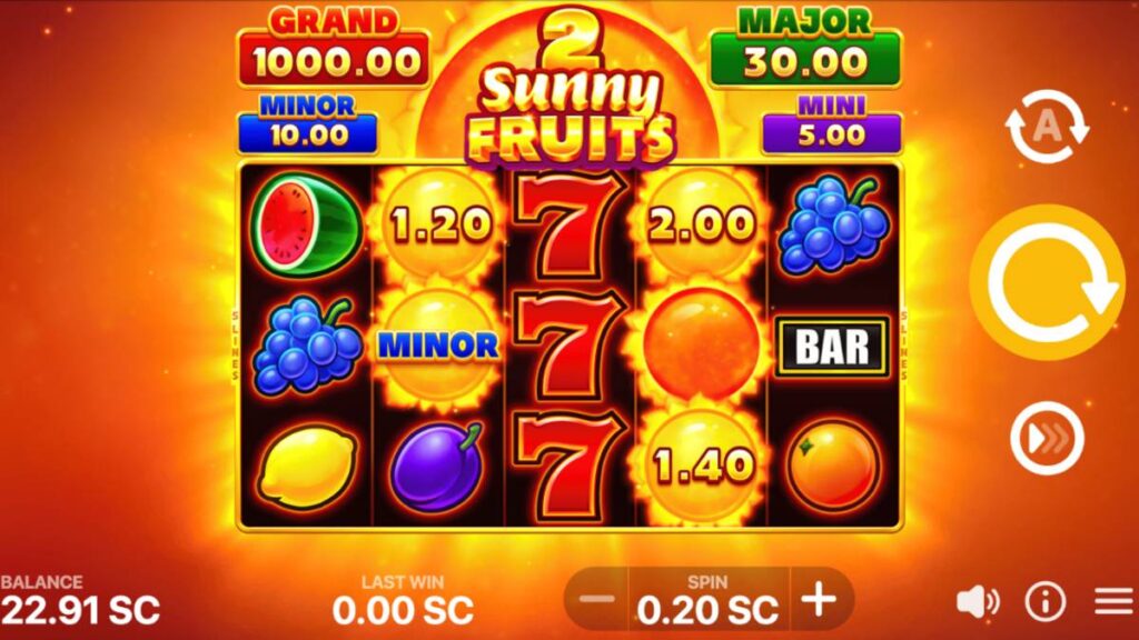 2 sunny fruits is a sweepstakes casino slot machine game that features fruit and the sun.