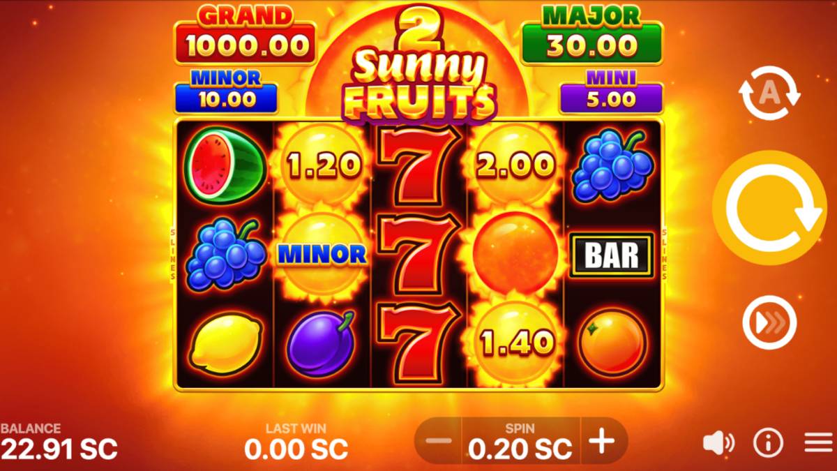 2 sunny fruits is a sweepstakes casino slot machine game that features fruit and the sun.