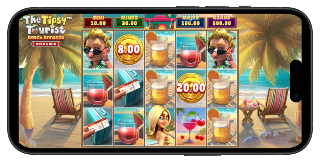 a close look at the tipsy tourist beach bonanza slot game interface. 