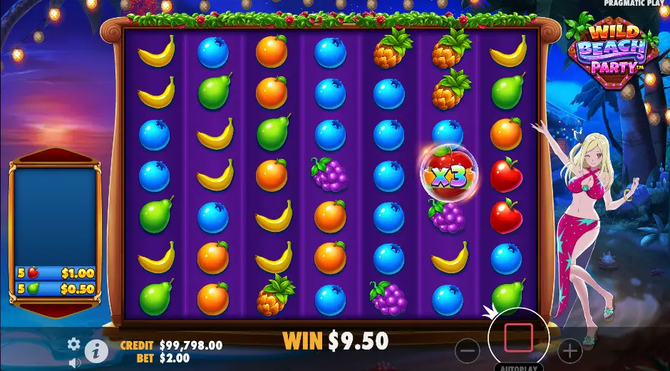 a close look at the wild beach party slot game interface. 