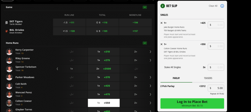 draftkings mlb sgp home runs