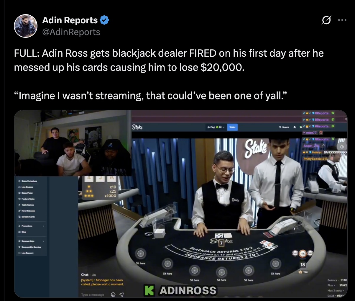 Adin Ross lost out on a $10,000 win while playing online blackjack at Stake.us when a glitch did not read the card that the dealer pulled.