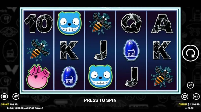 a look at the Black Mirror Jackpot Royale slot game interface. 
