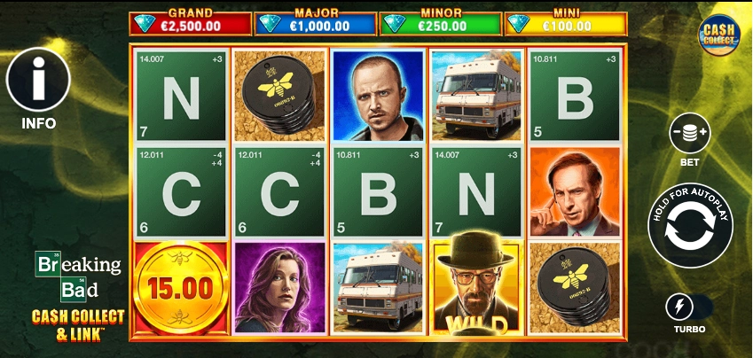 a look at the Breaking Bad Collect Em, & Link slot game interface. 