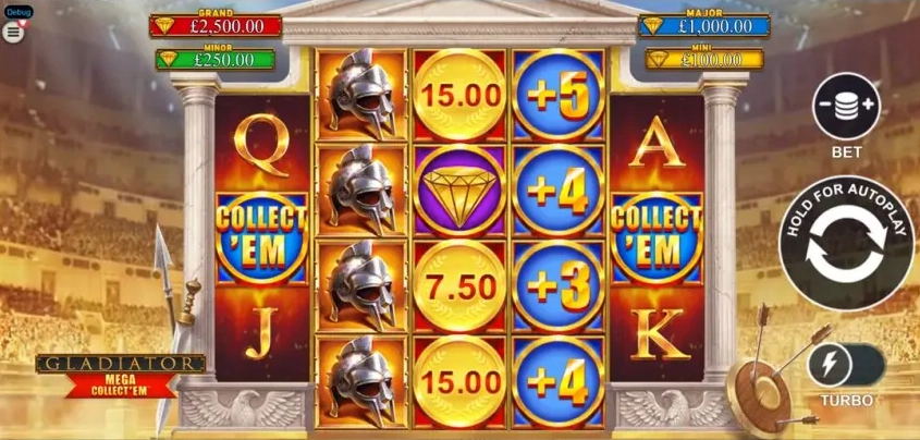 a look at the Gladiator Mega Collect Em slot game interface. 