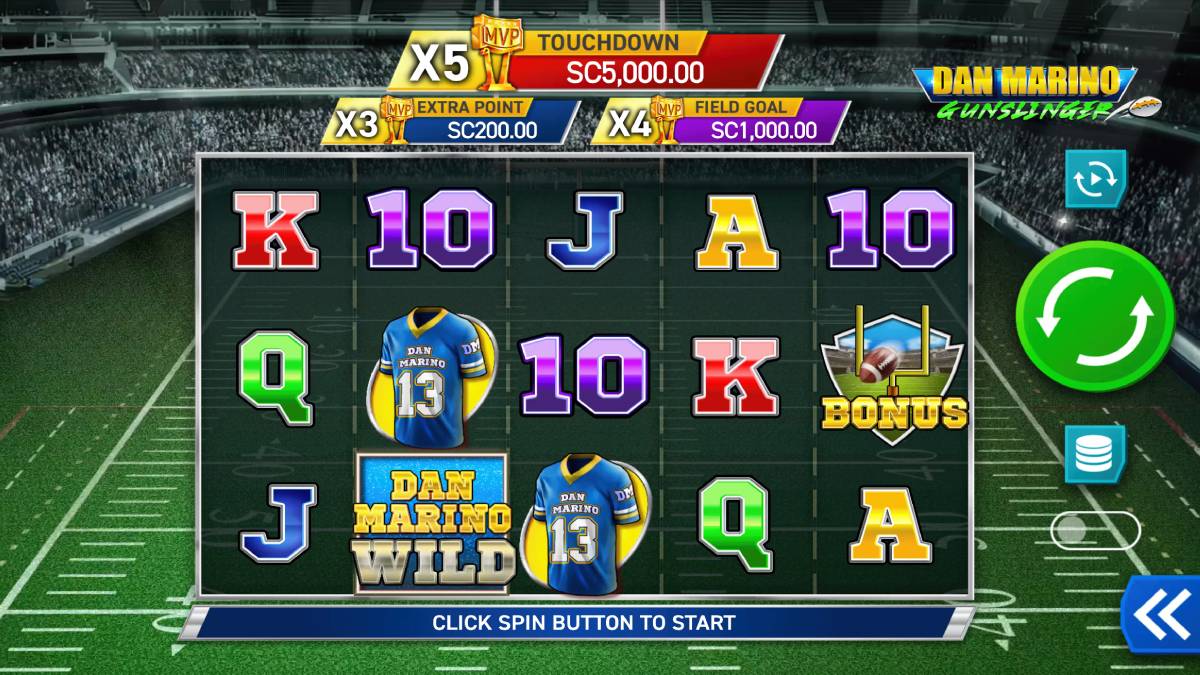 Dan Marino Gunslinger is a specific online slot game featuring the Hall of Fame quarterback, available on sweepstakes casinos such as High 5 and carries a football-theme throughout.