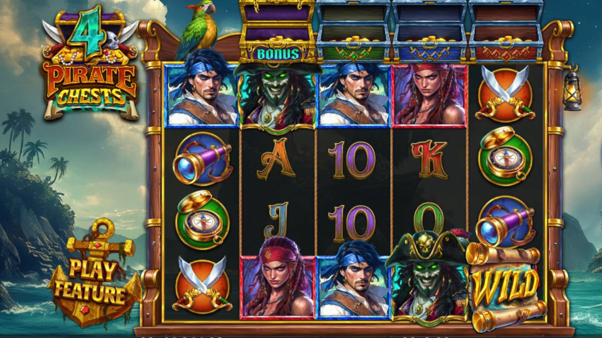 4 Pirate Chests is a high-volatility sweepstakes casino game featuring a theoretical RTP of 96.01%. The game is set on a 5x4 grid, offering 1,024 ways to win by forming combinations from left to right, starting from the leftmost reel.
