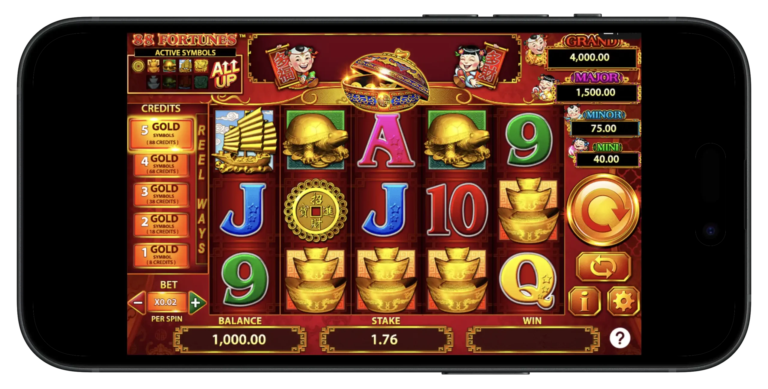 88 Fortunes slot game on mobile.