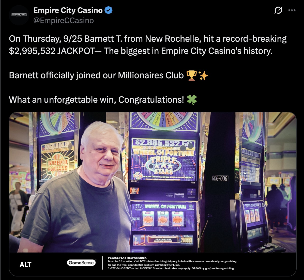New Rochelle’s Barnett T. made history at Empire City Casino by winning a massive $2,995,532 jackpot, the largest payout ever at the Yonkers property since it opened in 2006.