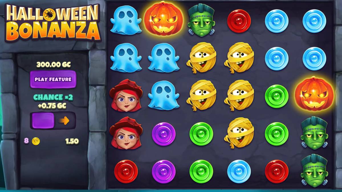 The theme of Halloween Bonanza is a festive, spooky Halloween atmosphere featuring classic Halloween symbols and visuals, perfect for National Pumpkin Day.