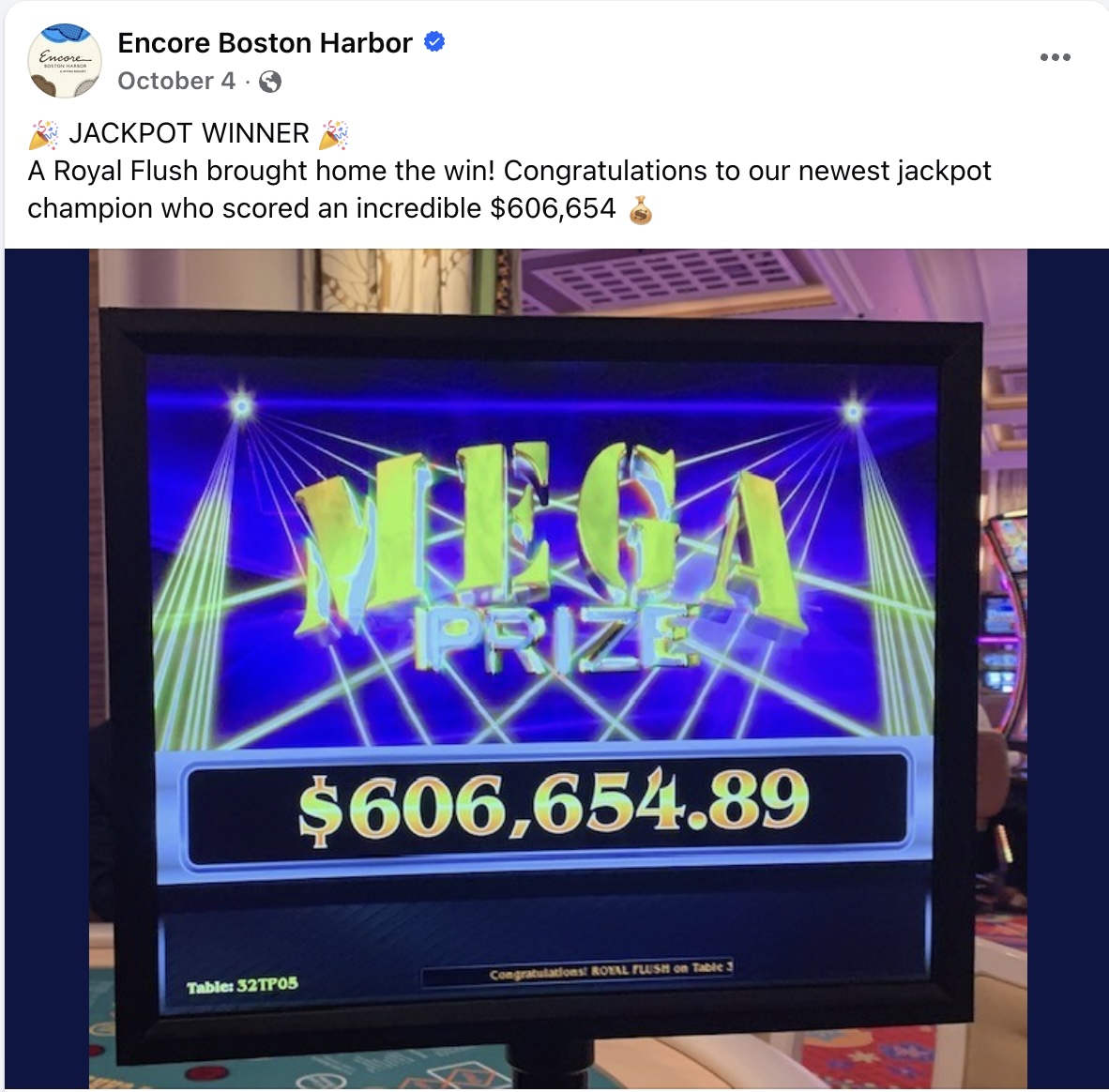 A jackpot worth $650,396.09 was won at Encore Boston Harbor in October 2025 during a Super 4 Blackjack game, triggered by a Royal Flush in Spades with a $5 side bet on the progressive jackpot feature.