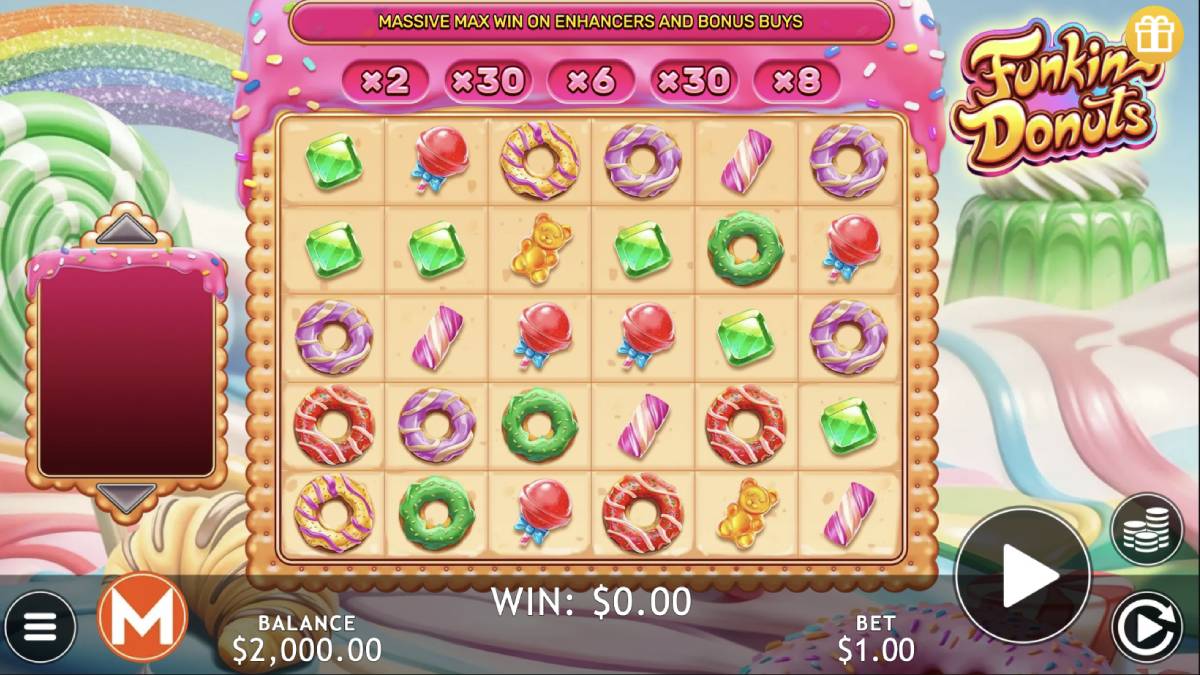 Funkin' Donuts demo slot game with eye-catching graphics and exciting gameplay, featuring 6 reels and fixed paylines in a candy-filled world created by Massive Studios.