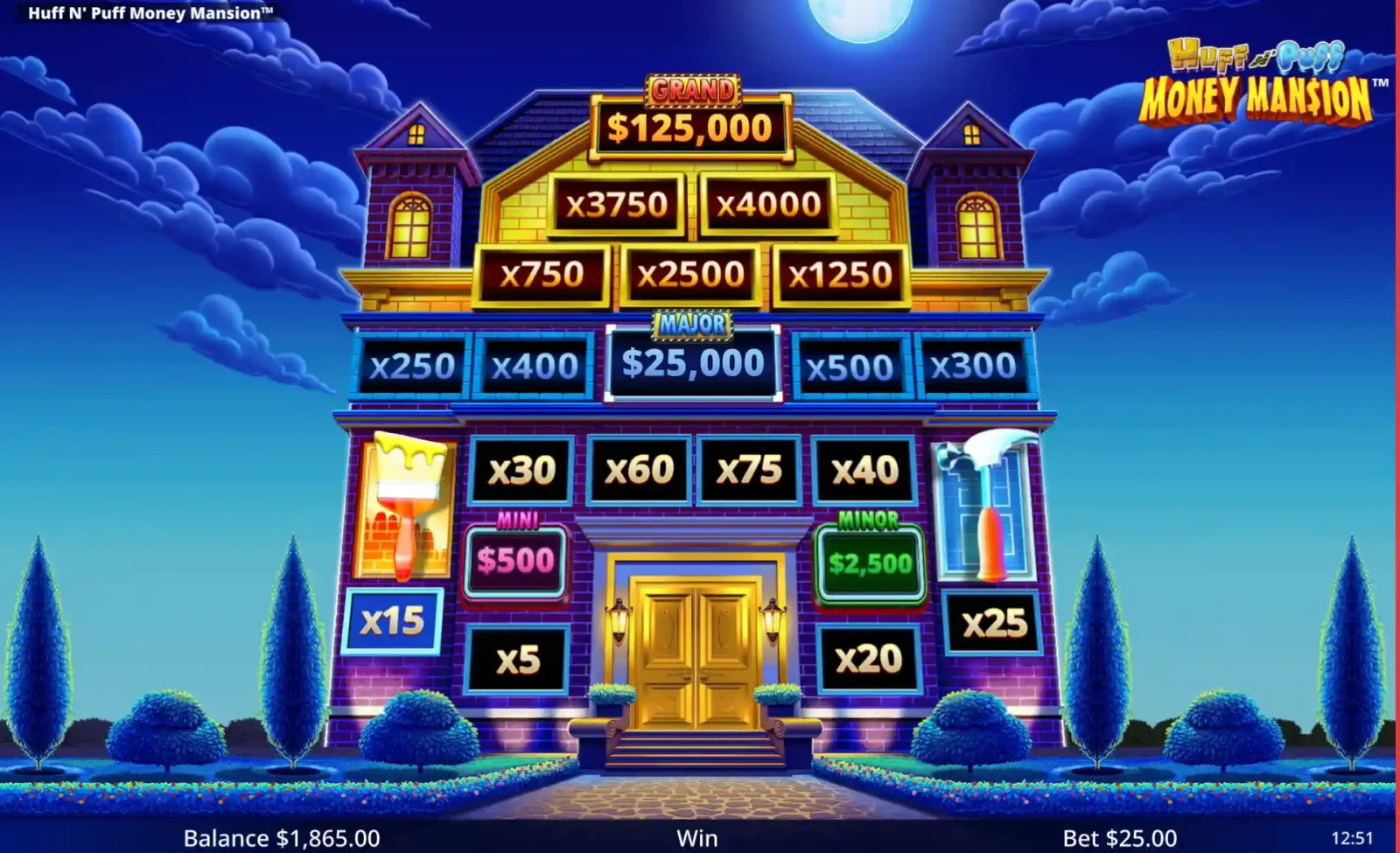 a look at the Huff N' Puff Money Mansion bonus feature.