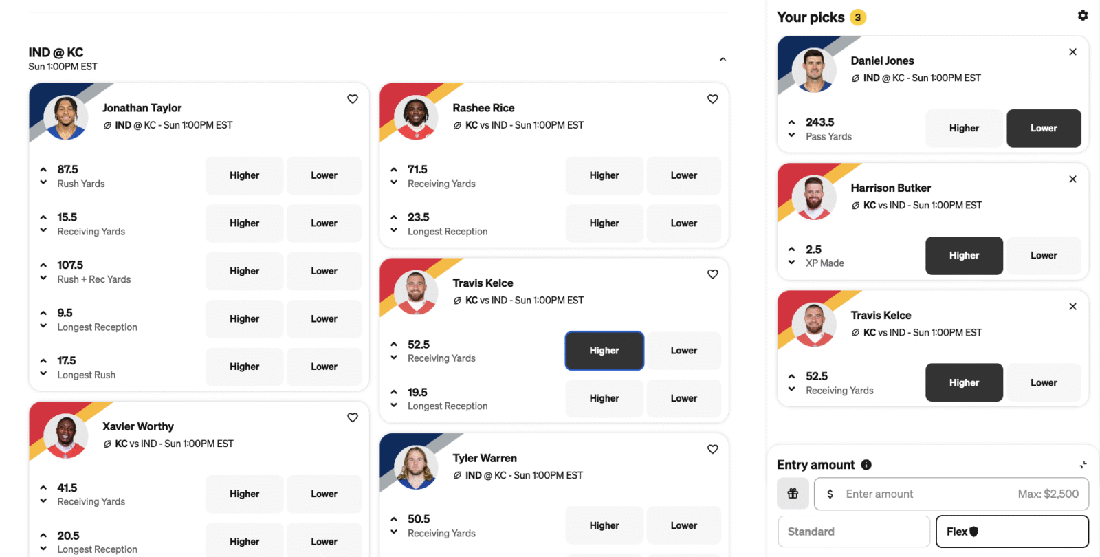 Screenshot of an Underdog player pick 'em entry for the Colts vs. Chiefs game.