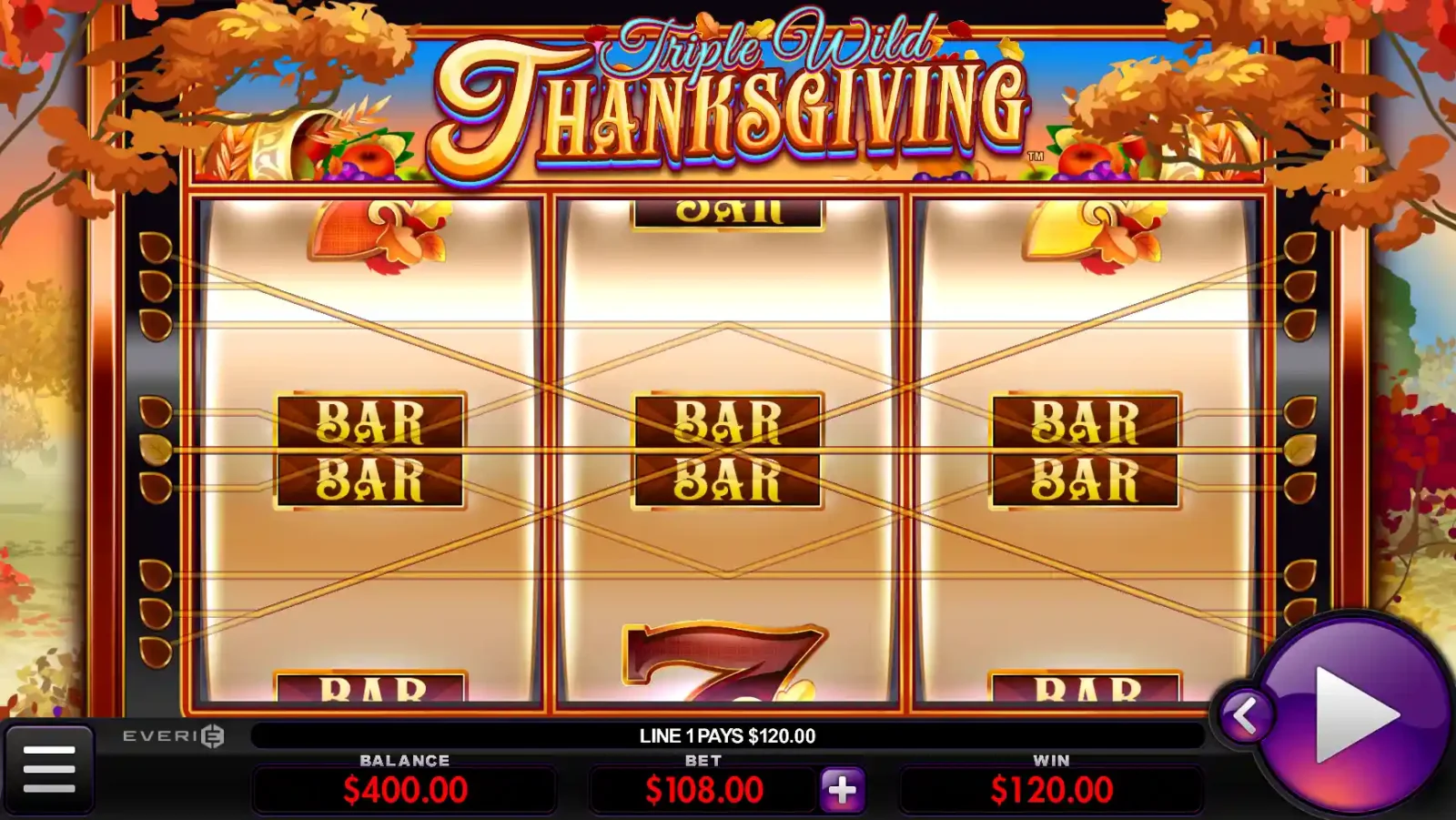 A look at the Triple Wild Thanksgiving slot game.