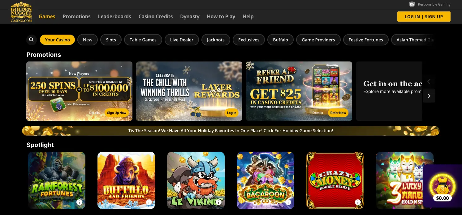 A closer look at the Golden Nugget Online Casino lobby.