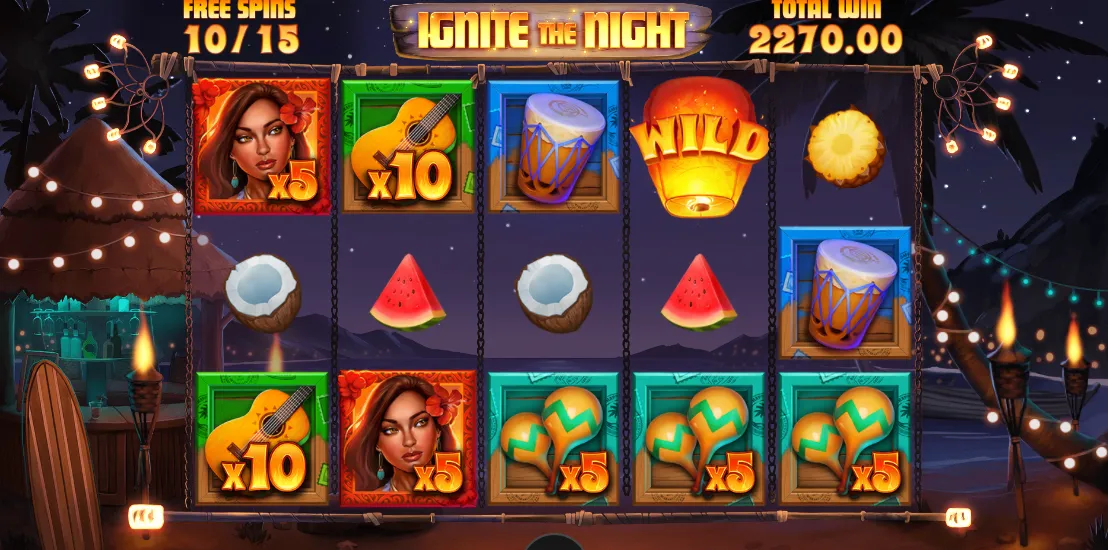 A look at the free spins bonus from the Ignite the Night slot from Relax Gaming
