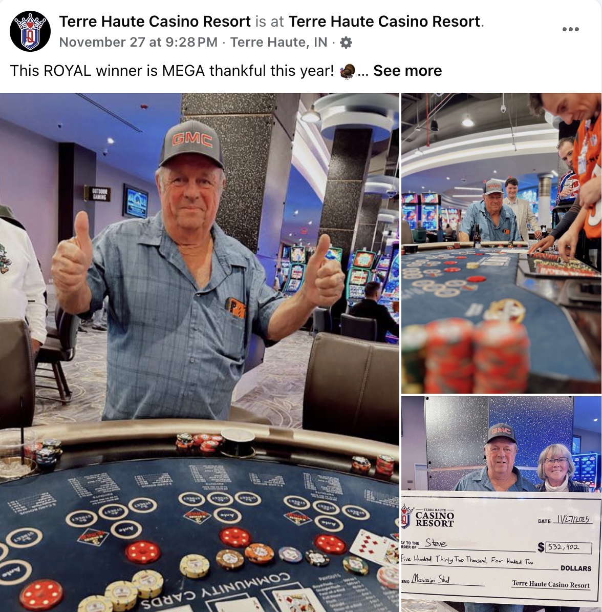 Steve Strole won an astounding $532,402 jackpot at the Terre Haute Casino Resort on thanksgiving night playing mississippi stud.
