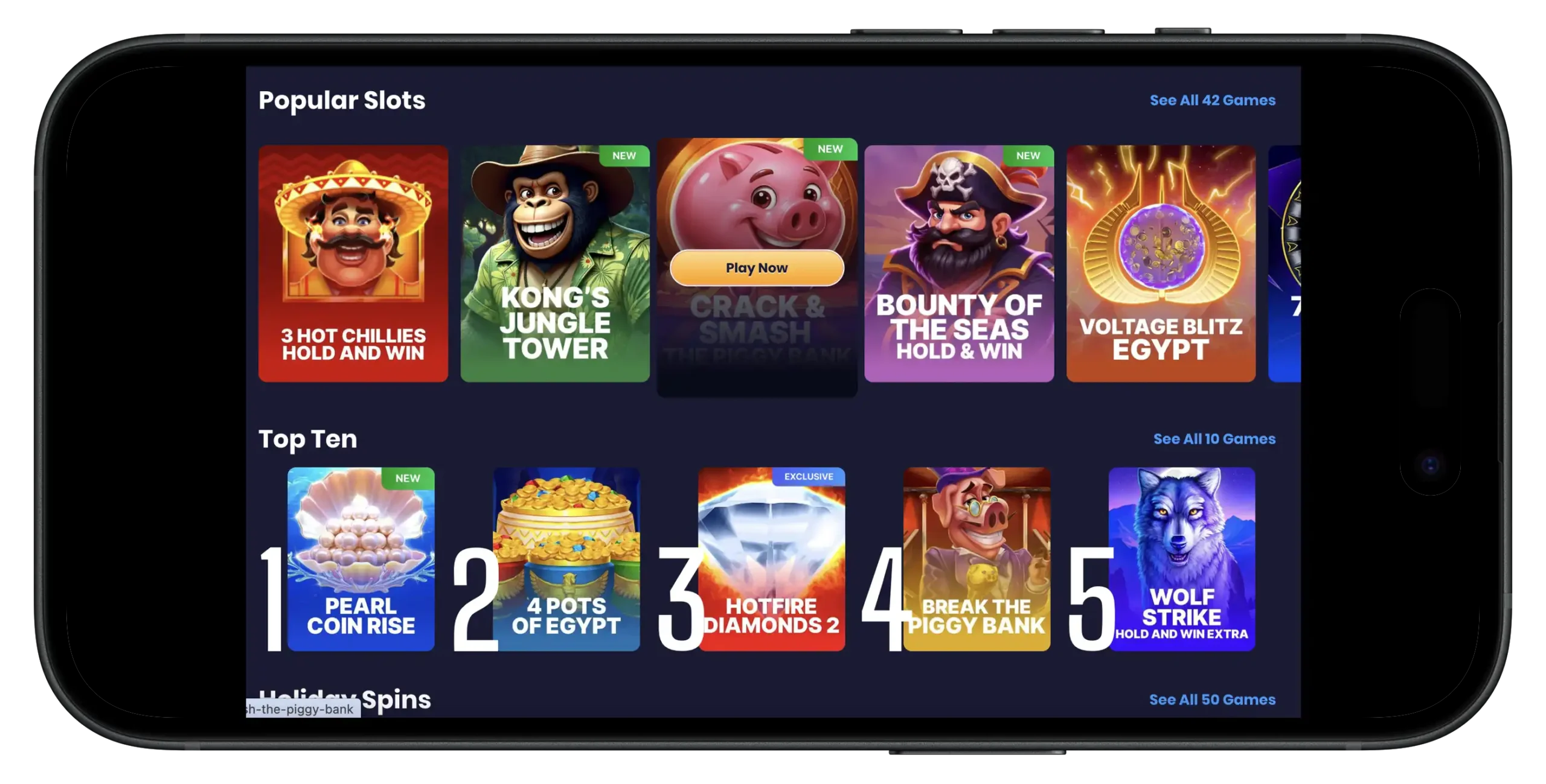 Spree Casino game selection on mobile.