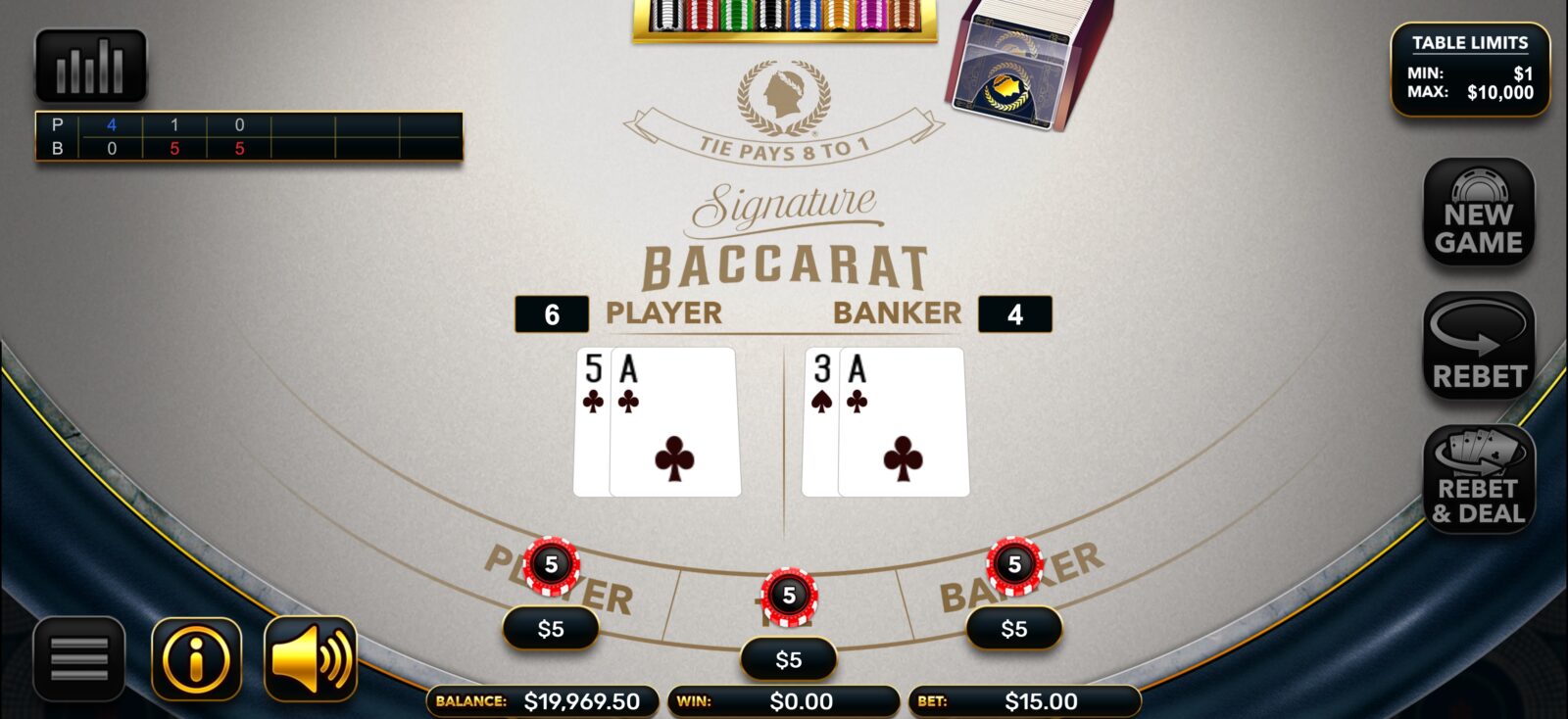 An image of the Signature Baccarat game launched by Caesars Entertainment, now exclusively available on Caesars Palace Online Casino, Caesars Sportsbook & Casino, and Horseshoe Online Casino in New Jersey. The image likely features the game's interface, showcasing modern graphics and customization options that highlight its premium, online gaming experience.