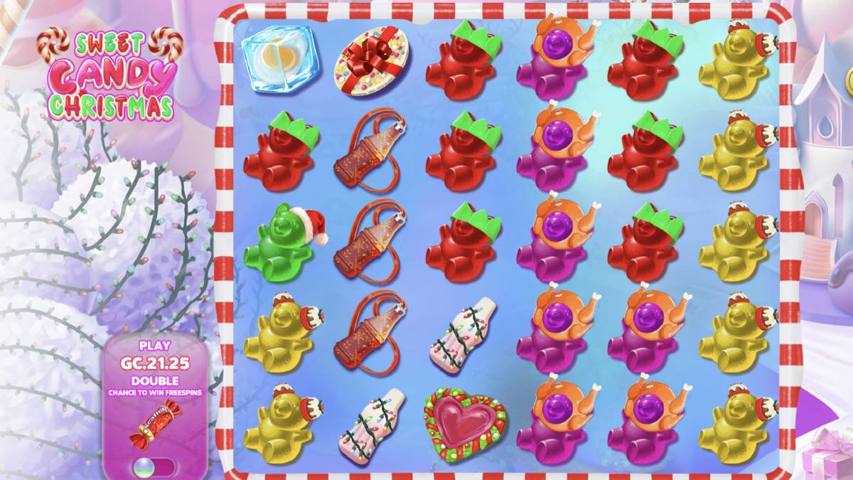 Sweet Candy Christmas has colorful symbols that fit its holiday and candy theme. The main symbols are gummy bears in yellow, green, purple, and red, which give smaller wins. The bigger wins come from symbols like soda bottles, candy canes, gingerbread men, and Santa hats.