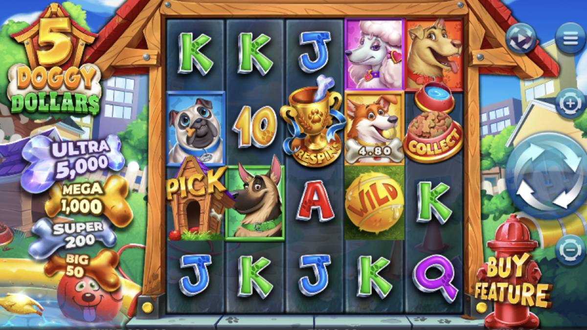 a screenshot of the sweepstakes casino game called 5 doggy dollars that is a fun way for people to pass the time while waiting for puppy bowl 2026 to kick off on February 9.