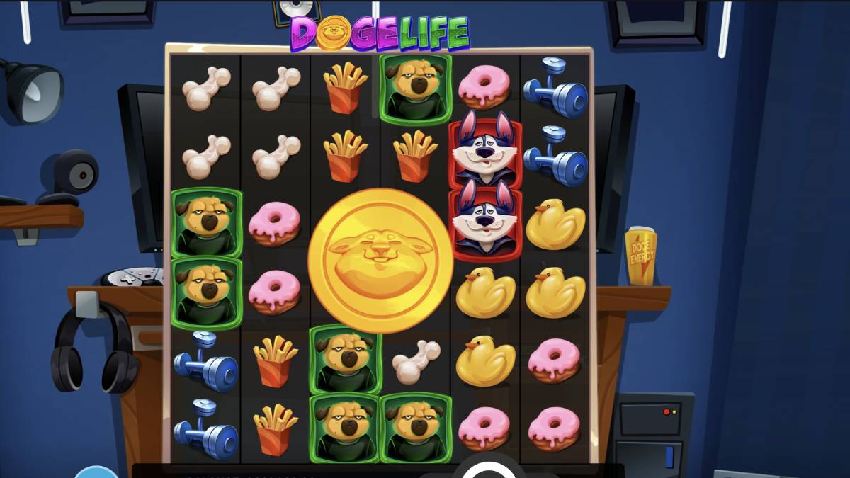 a picture of the doge life sweepstakes casino game which features four dogs who are gamers, which is a fun way to celebrate this year's puppy bowl in february.