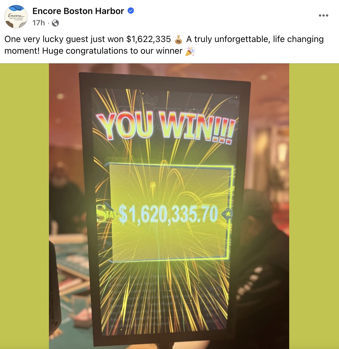 A lucky man started off the new year $1.6 million richer after a record-breaking win at Encore Boston Harbor.