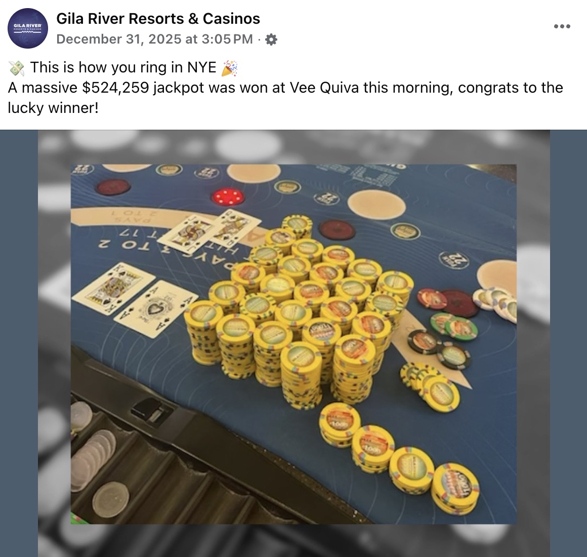 A New Year’s Eve Ultra progressive poker jackpot worth $524,259 was won at Gila River Resorts & Casino